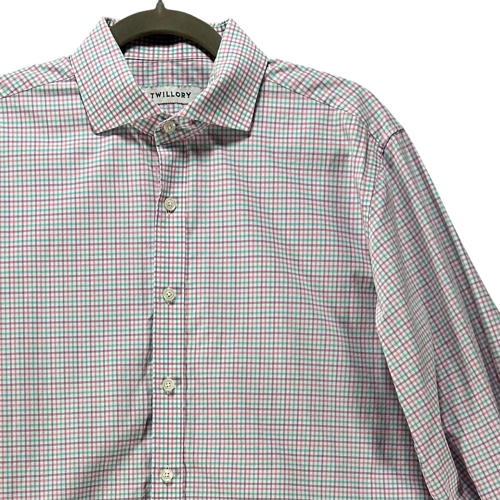 Twillory Dress Shirt Tailored Fit Mens 16.5 32/33 Pink‎ Teal Check Business Prep